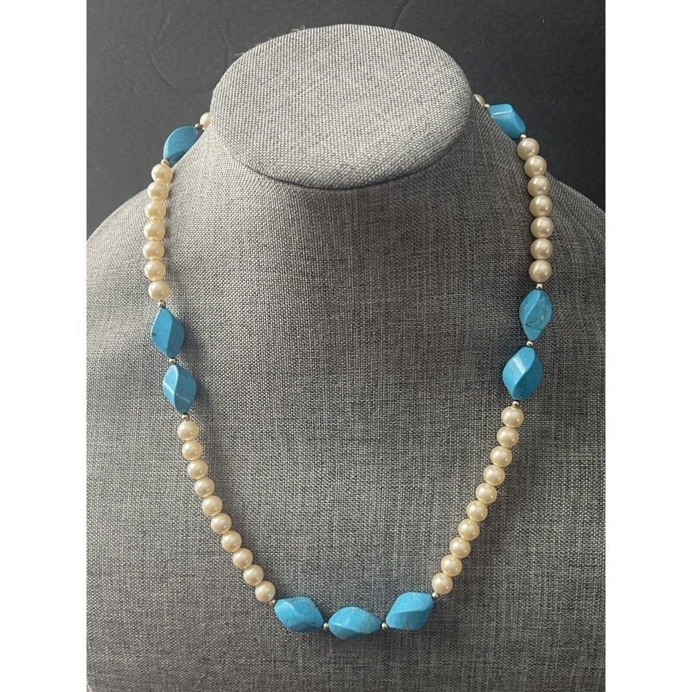 Vintage Faux Pearl And Turquoise Necklace Beaded 24” Necklace 120 14kt GF Clasp